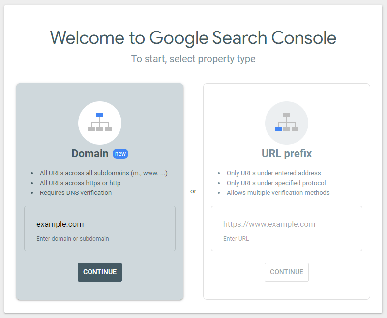 欢迎使用 Google Search Console 窗口，我们在其中选择域选项。