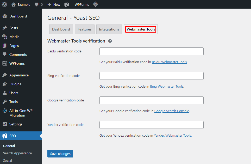 单击 Yoast SEO 插件常规设置中的网站管理员工具选项卡，