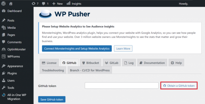 WP Pusher 上用于获取 GitHub 令牌的按钮