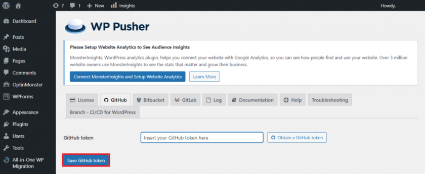 保存 GitHub 令牌以授权 WP Pusher 访问您的 GitHub 帐户