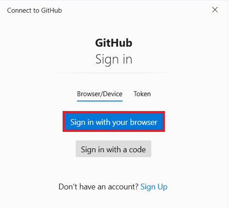 在“连接到 GitHub”窗口中使用浏览器选项登录。