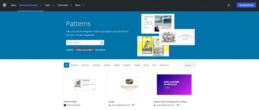 WordPress 模式库顶部的创建新模式链接