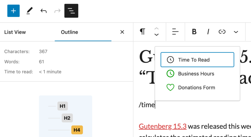 Gutenberg 15.3 添加了新的“阅读时间”区块 