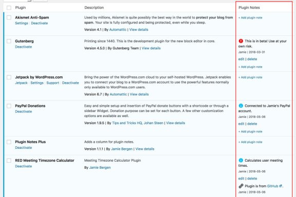 Plugin Notes Plus：在 WordPress 后台插件列表添加注释
